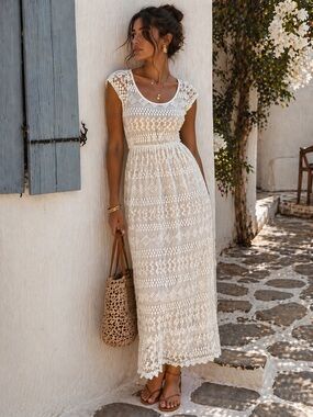 Forever 21 White Lace Midi Dress Scoop Neck Boho Euro Summer Cottage Romantic